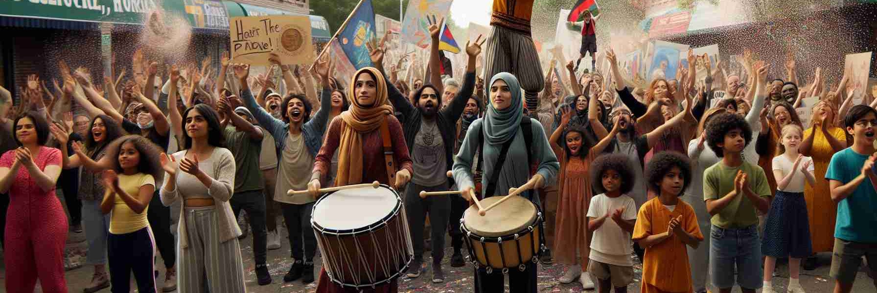 Realistic HD photo of a community parade in Staten Island with wide representation of various descents and genders. The scene captures a South Asian female drummer leading the parade, followed by a Caucasian male on stilts, and a group of Black and Hispanic children carrying hand-made banners. Behind them, a Middle-Eastern woman is throwing confetti into the air as the spectators, of all ages and descents, clap and cheer enthusiastically.