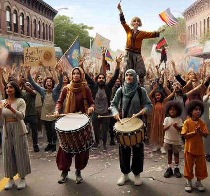 Realistic HD photo of a community parade in Staten Island with wide representation of various descents and genders. The scene captures a South Asian female drummer leading the parade, followed by a Caucasian male on stilts, and a group of Black and Hispanic children carrying hand-made banners. Behind them, a Middle-Eastern woman is throwing confetti into the air as the spectators, of all ages and descents, clap and cheer enthusiastically.