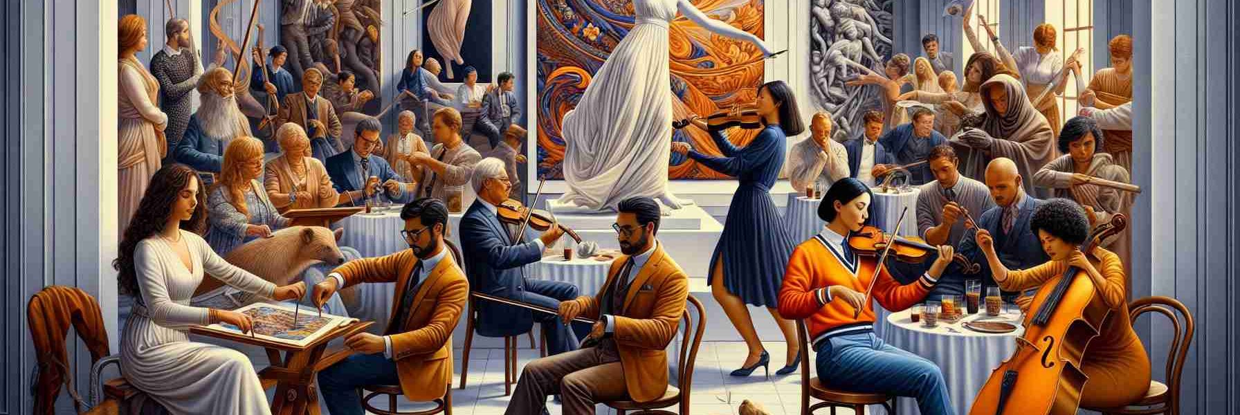 An accurately detailed, high-definition image that celebrates diversity in the arts. The scene taking place within an art gallery where people of various descents are involved. An African-American lady, adorning a sophisticated attire, is playing a classical violin while an Asian man, wearing a bright, artistic smock, is creating a mesmerising painting on a big canvas. In another corner, a Caucasian woman is seen reciting captivating poetry to a riveted audience, among whom a Middle-Eastern man, wearing smart casuals, is listening intently. Meanwhile, a South Asian woman is intricately carving a beautiful statue. The atmosphere breathes unity, creativity and an appreciation for all kinds of arts.