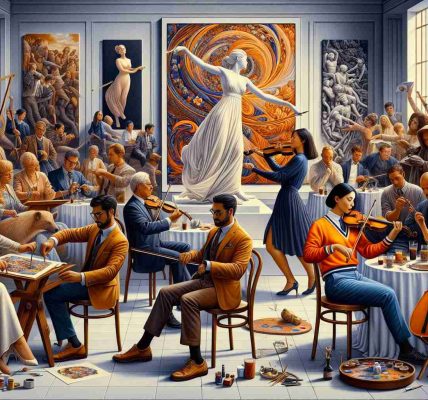 An accurately detailed, high-definition image that celebrates diversity in the arts. The scene taking place within an art gallery where people of various descents are involved. An African-American lady, adorning a sophisticated attire, is playing a classical violin while an Asian man, wearing a bright, artistic smock, is creating a mesmerising painting on a big canvas. In another corner, a Caucasian woman is seen reciting captivating poetry to a riveted audience, among whom a Middle-Eastern man, wearing smart casuals, is listening intently. Meanwhile, a South Asian woman is intricately carving a beautiful statue. The atmosphere breathes unity, creativity and an appreciation for all kinds of arts.