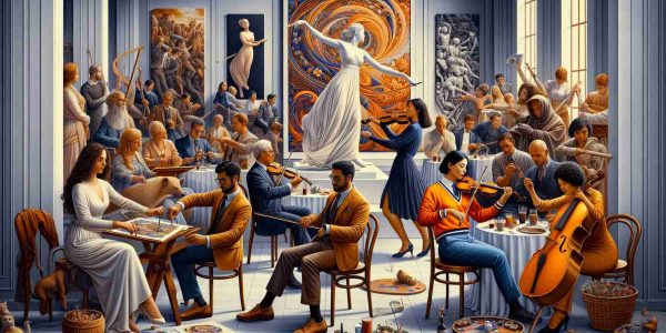 An accurately detailed, high-definition image that celebrates diversity in the arts. The scene taking place within an art gallery where people of various descents are involved. An African-American lady, adorning a sophisticated attire, is playing a classical violin while an Asian man, wearing a bright, artistic smock, is creating a mesmerising painting on a big canvas. In another corner, a Caucasian woman is seen reciting captivating poetry to a riveted audience, among whom a Middle-Eastern man, wearing smart casuals, is listening intently. Meanwhile, a South Asian woman is intricately carving a beautiful statue. The atmosphere breathes unity, creativity and an appreciation for all kinds of arts.