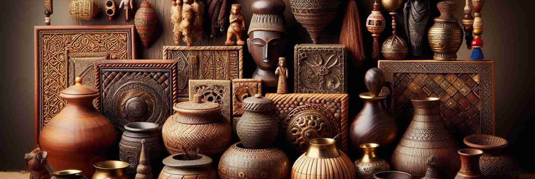 A high definition, photographic illustration showcasing the beauty of handcrafted treasures. Picture an array of artefacts skillfully made by artisans from different descents. These items range from carefully chiseled wooden figurines, to intricately woven fabric hangings, to handmade ceramic pots, and shiny brass objects. The objects are arranged aesthetically, each item exuding its own unique charm and stories untold. The natural materials used, the tactile textures and the rich colours they sport, all draw viewers in for a closer look to discover the charm of these handcrafted marvels.