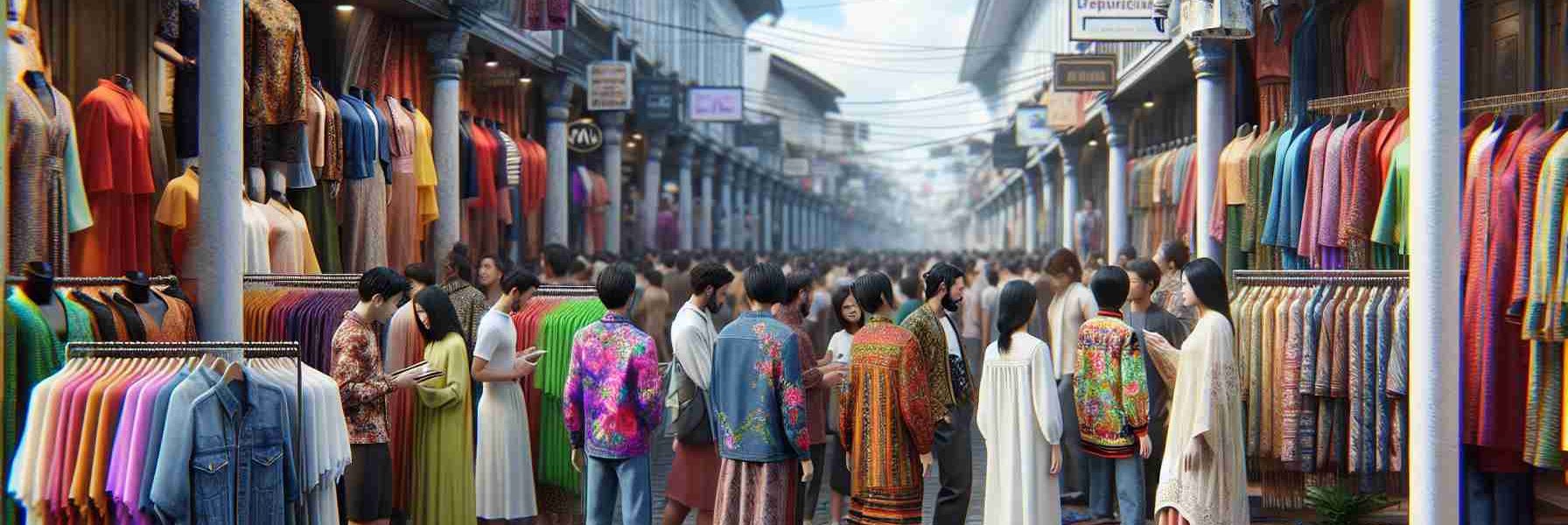 A high-definition, realistic photograph capturing the revolutionary fashion trends in Southeast Asia. The scene includes a busy street with various store fronts, displaying a variety of clothing styles that are taking the region by storm. This includes an influential mix of traditional and modern influences: neon-colored silk blouses, embroidered denim jackets, and asymmetrical dresses. In this image, people of diverse descents - including Black, White, Middle-Eastern, and Hispanic - are trying on and browsing these fashionable items. The town is teeming with activity, buzzing with the energy of change and innovation in the fashion scene.