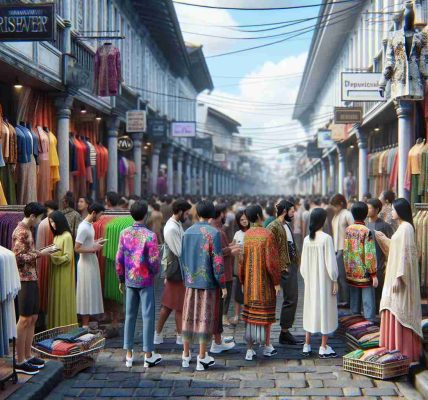 A high-definition, realistic photograph capturing the revolutionary fashion trends in Southeast Asia. The scene includes a busy street with various store fronts, displaying a variety of clothing styles that are taking the region by storm. This includes an influential mix of traditional and modern influences: neon-colored silk blouses, embroidered denim jackets, and asymmetrical dresses. In this image, people of diverse descents - including Black, White, Middle-Eastern, and Hispanic - are trying on and browsing these fashionable items. The town is teeming with activity, buzzing with the energy of change and innovation in the fashion scene.