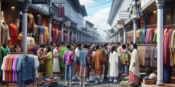 A high-definition, realistic photograph capturing the revolutionary fashion trends in Southeast Asia. The scene includes a busy street with various store fronts, displaying a variety of clothing styles that are taking the region by storm. This includes an influential mix of traditional and modern influences: neon-colored silk blouses, embroidered denim jackets, and asymmetrical dresses. In this image, people of diverse descents - including Black, White, Middle-Eastern, and Hispanic - are trying on and browsing these fashionable items. The town is teeming with activity, buzzing with the energy of change and innovation in the fashion scene.