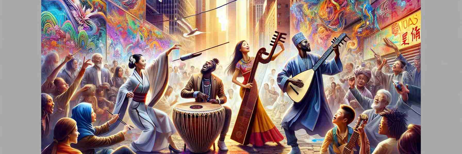 Create an HD, dynamic and vibrant image depicting the harmony of multiple cultures coming together through art and music. In the heart of a bustling city, an Asian woman elegantly plays a traditional Chinese guzheng, while a Black man skillfully strums an African kora. A Hispanic boy passionately spray paints a vivid mural on a nearby wall, and a Middle Eastern woman dances in flowing robes to the rhythm of the beat. People of various descents and ages, young and old, are gathered around, engrossed in the energy of the moment.