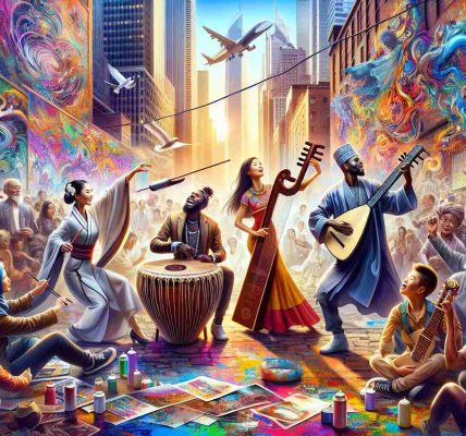 Create an HD, dynamic and vibrant image depicting the harmony of multiple cultures coming together through art and music. In the heart of a bustling city, an Asian woman elegantly plays a traditional Chinese guzheng, while a Black man skillfully strums an African kora. A Hispanic boy passionately spray paints a vivid mural on a nearby wall, and a Middle Eastern woman dances in flowing robes to the rhythm of the beat. People of various descents and ages, young and old, are gathered around, engrossed in the energy of the moment.