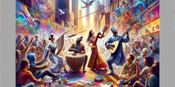 Create an HD, dynamic and vibrant image depicting the harmony of multiple cultures coming together through art and music. In the heart of a bustling city, an Asian woman elegantly plays a traditional Chinese guzheng, while a Black man skillfully strums an African kora. A Hispanic boy passionately spray paints a vivid mural on a nearby wall, and a Middle Eastern woman dances in flowing robes to the rhythm of the beat. People of various descents and ages, young and old, are gathered around, engrossed in the energy of the moment.