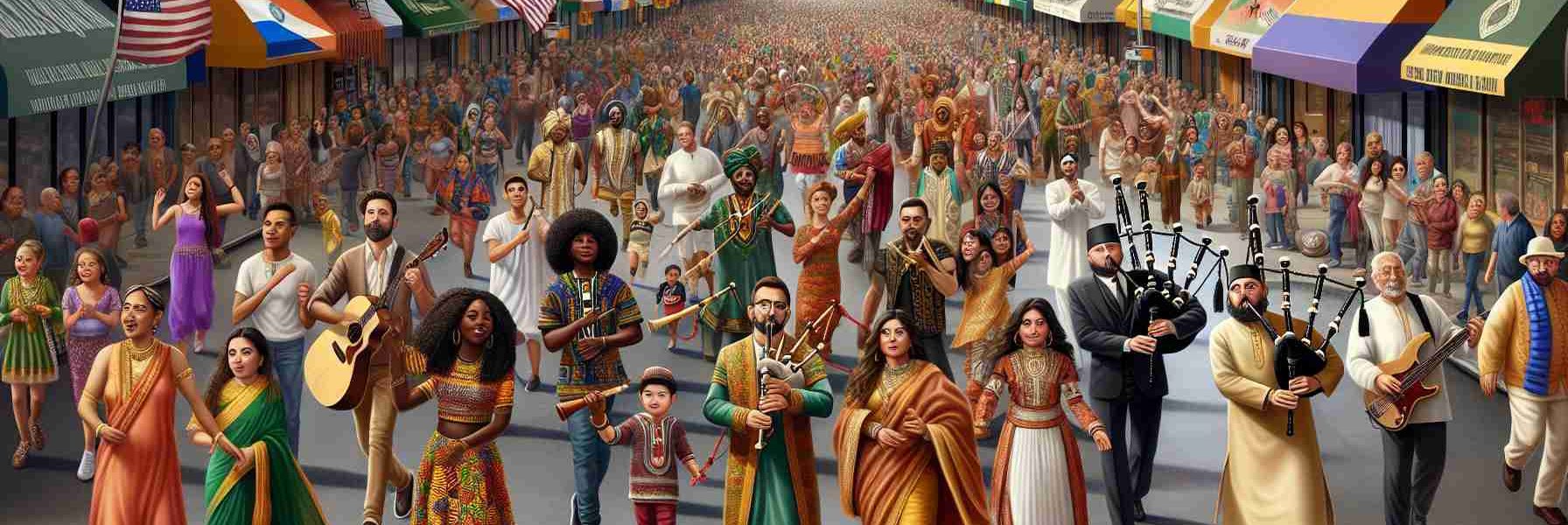 An high-definition, realistic image of the annual parade in Staten Island showcasing cultural diversity. The streets are crowded with marchers, each representing a different descent. A Black woman is seen wearing a vibrant African print dress leading the procession, and a group of Hispanic men are seen playing salsa on their instruments. A South Asian family is celebrating, the kids wearing traditional Sherwanis, and there is a Caucasian man blowing the bagpipes. Middle-Eastern women are seen performing a traditional dance and individuals of East Asian descent participate wearing colorful ethnic attires.