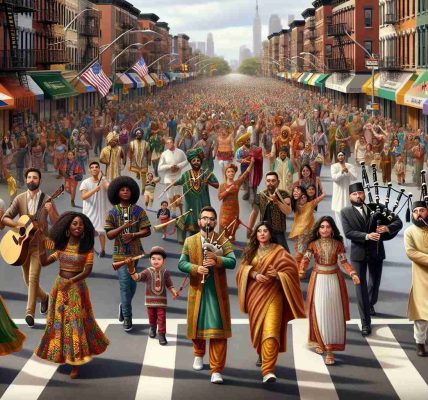 An high-definition, realistic image of the annual parade in Staten Island showcasing cultural diversity. The streets are crowded with marchers, each representing a different descent. A Black woman is seen wearing a vibrant African print dress leading the procession, and a group of Hispanic men are seen playing salsa on their instruments. A South Asian family is celebrating, the kids wearing traditional Sherwanis, and there is a Caucasian man blowing the bagpipes. Middle-Eastern women are seen performing a traditional dance and individuals of East Asian descent participate wearing colorful ethnic attires.