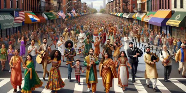 An high-definition, realistic image of the annual parade in Staten Island showcasing cultural diversity. The streets are crowded with marchers, each representing a different descent. A Black woman is seen wearing a vibrant African print dress leading the procession, and a group of Hispanic men are seen playing salsa on their instruments. A South Asian family is celebrating, the kids wearing traditional Sherwanis, and there is a Caucasian man blowing the bagpipes. Middle-Eastern women are seen performing a traditional dance and individuals of East Asian descent participate wearing colorful ethnic attires.