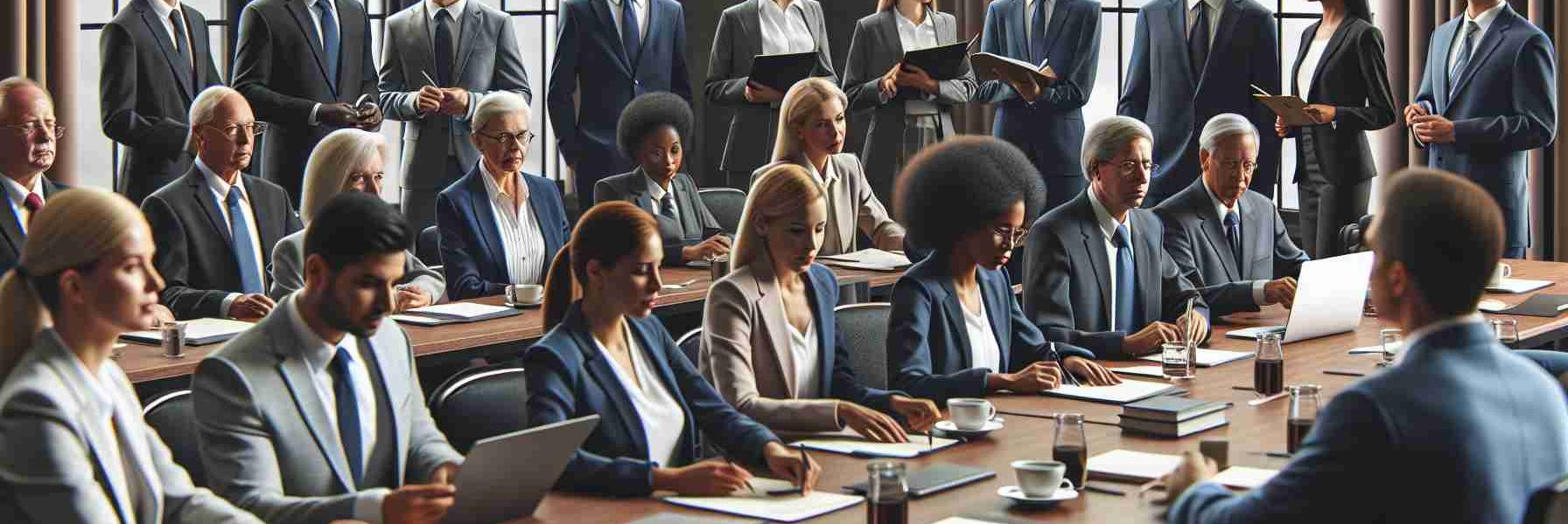 Realistic HD photo of a diverse group of lawmakers in an unspecified location preparing for a legislative session in 2025. The scene includes Caucasian, Hispanic, Black, Middle-Eastern, and South Asian individuals of various genders, all dressed in formal attire. The room is filled with papers, laptops, and cups of coffee, as the legislators discuss and strategize about upcoming laws and regulations.