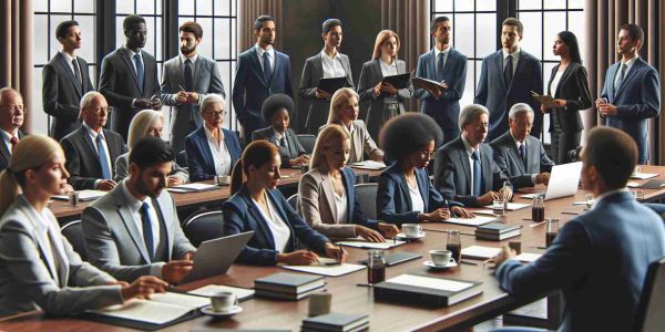 Realistic HD photo of a diverse group of lawmakers in an unspecified location preparing for a legislative session in 2025. The scene includes Caucasian, Hispanic, Black, Middle-Eastern, and South Asian individuals of various genders, all dressed in formal attire. The room is filled with papers, laptops, and cups of coffee, as the legislators discuss and strategize about upcoming laws and regulations.