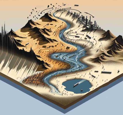 A high-definition image of a symbolic representation of changes in the political landscape over time. Illustrate this with a large map scattered with notable landmarks, shifting sands to symbolize mutable politics, and shadows moving across the landscape to depict shifting influences. Add a large mirror-like lake in the center, reflecting the landscape above, indicating the reflections on the shifting landscape. Keep the tones neutral, with an emphasis on realism.