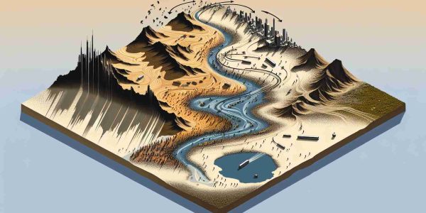 A high-definition image of a symbolic representation of changes in the political landscape over time. Illustrate this with a large map scattered with notable landmarks, shifting sands to symbolize mutable politics, and shadows moving across the landscape to depict shifting influences. Add a large mirror-like lake in the center, reflecting the landscape above, indicating the reflections on the shifting landscape. Keep the tones neutral, with an emphasis on realism.