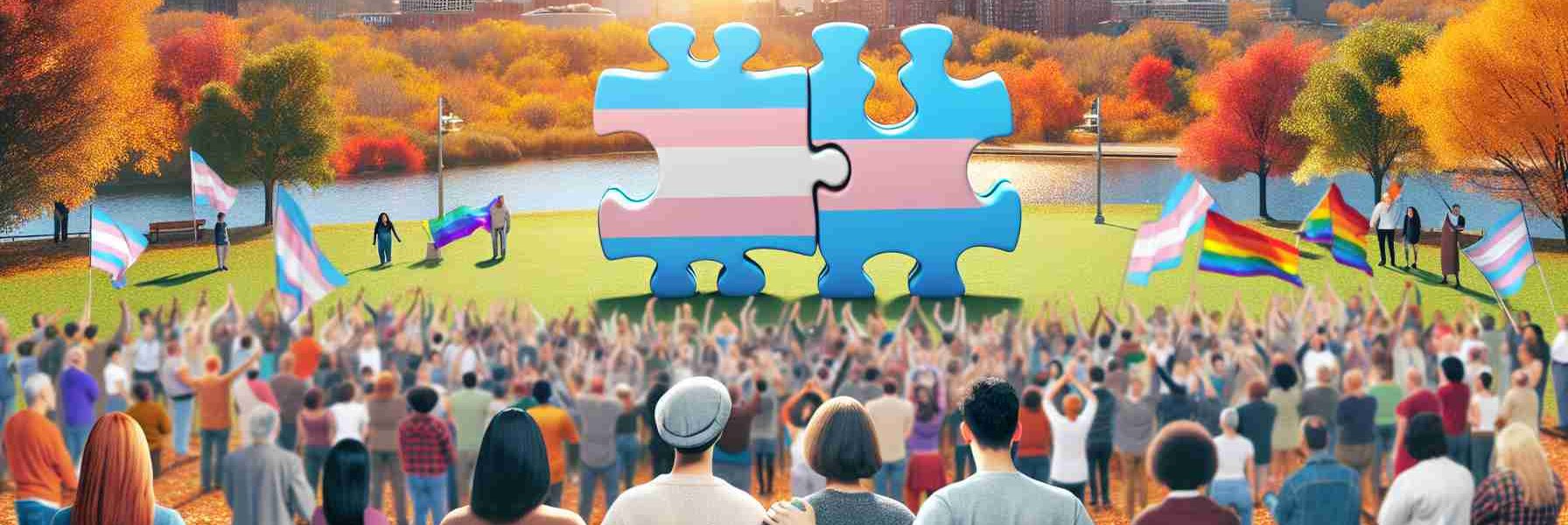 Create a realistic HD image that symbolizes the power of community support for transgender individuals in Minnesota. The scene could include a diverse group of people, ranging from South Asian men, Caucasian women, to Hispanic individuals, participating in a supportive gathering, perhaps a rally or a group discussion. Community symbols such as puzzle pieces interlocking, or hands holding each other could also be featured. The setting could be an urban park in Minnesota, identifiable by its common landmarks such as a lake, autumn leaves or a distant skyline.