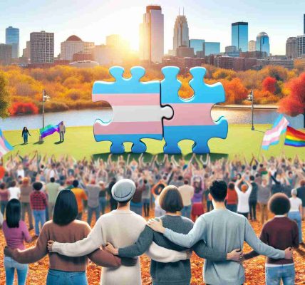 Create a realistic HD image that symbolizes the power of community support for transgender individuals in Minnesota. The scene could include a diverse group of people, ranging from South Asian men, Caucasian women, to Hispanic individuals, participating in a supportive gathering, perhaps a rally or a group discussion. Community symbols such as puzzle pieces interlocking, or hands holding each other could also be featured. The setting could be an urban park in Minnesota, identifiable by its common landmarks such as a lake, autumn leaves or a distant skyline.