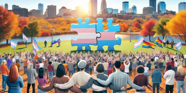 Create a realistic HD image that symbolizes the power of community support for transgender individuals in Minnesota. The scene could include a diverse group of people, ranging from South Asian men, Caucasian women, to Hispanic individuals, participating in a supportive gathering, perhaps a rally or a group discussion. Community symbols such as puzzle pieces interlocking, or hands holding each other could also be featured. The setting could be an urban park in Minnesota, identifiable by its common landmarks such as a lake, autumn leaves or a distant skyline.