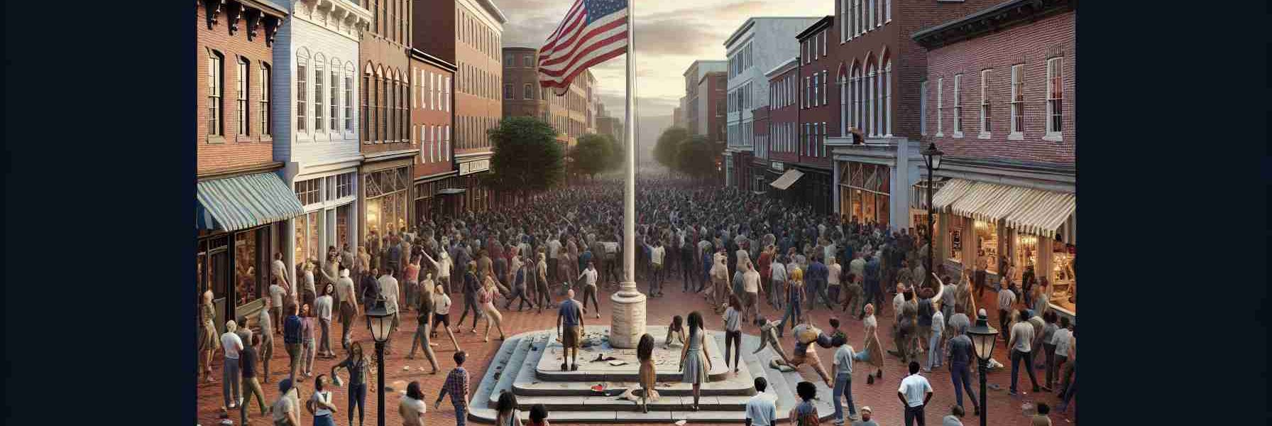 A realistic, high-definition image depicting a scene in Annapolis where a disruptive event has occurred. Specifically, the disappearance of an important flag has lead to heightened tension and controversy in the local community. The streets are filled with people of diverse backgrounds, expressing a variety of emotions from confusion to outrage. The spot where the flag once stood proudly is glaringly empty, further amplifying the sense of chaos and unsettlement.