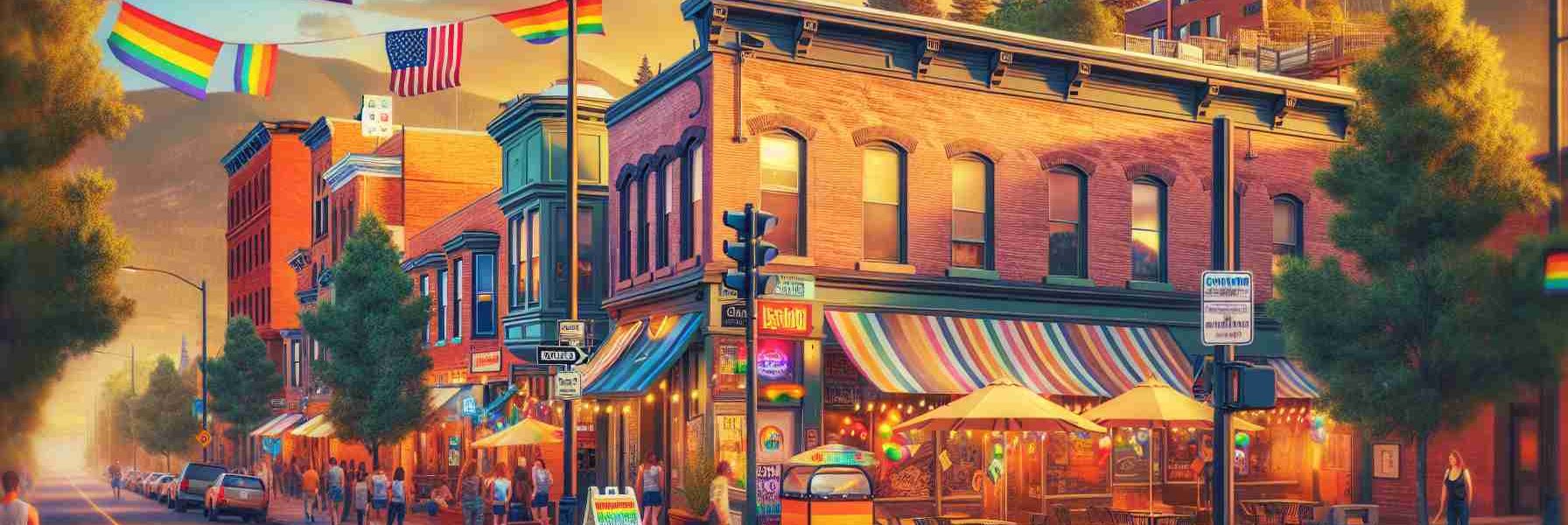 Generate a high definition realistic image of a vibrant neighbourhood in Colorado Springs. This scene should feature the upcoming launch of a revolutionary venue focused on LGBTQ+ inclusivity. The establishment should be adorned with rainbow flags and other symbols representing the LGBTQ+ community, with signs that highlight the imminent launch. The atmosphere should be one of excitement and preparation