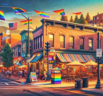 Generate a high definition realistic image of a vibrant neighbourhood in Colorado Springs. This scene should feature the upcoming launch of a revolutionary venue focused on LGBTQ+ inclusivity. The establishment should be adorned with rainbow flags and other symbols representing the LGBTQ+ community, with signs that highlight the imminent launch. The atmosphere should be one of excitement and preparation