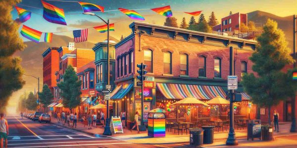 Generate a high definition realistic image of a vibrant neighbourhood in Colorado Springs. This scene should feature the upcoming launch of a revolutionary venue focused on LGBTQ+ inclusivity. The establishment should be adorned with rainbow flags and other symbols representing the LGBTQ+ community, with signs that highlight the imminent launch. The atmosphere should be one of excitement and preparation