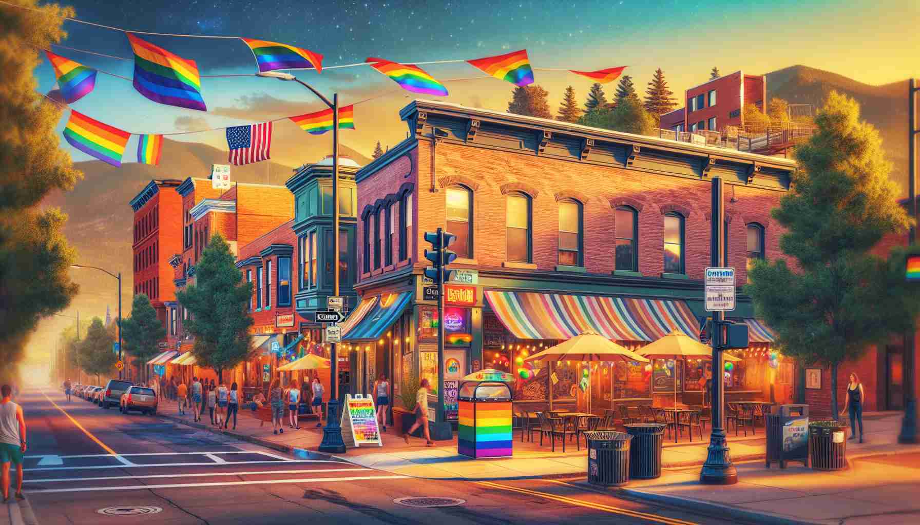 Generate a high definition realistic image of a vibrant neighbourhood in Colorado Springs. This scene should feature the upcoming launch of a revolutionary venue focused on LGBTQ+ inclusivity. The establishment should be adorned with rainbow flags and other symbols representing the LGBTQ+ community, with signs that highlight the imminent launch. The atmosphere should be one of excitement and preparation