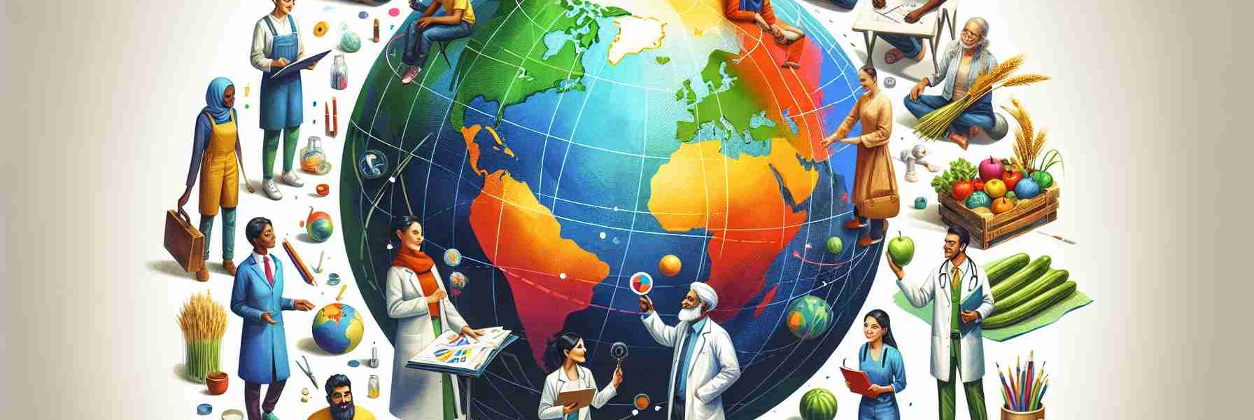 A high-definition depiction of the concept 'Inclusivity over Exclusivity: Fostering Equality Around the World'. Illustrate a colorful globe at the heart of the image. Scatter around it a diverse group of people in throughout the scene. Let's depict a South Asian woman scientist looking at the globe, a Middle-Eastern male architect drawing plans, an African male farmer holding fresh produce, a Caucasian female teacher reading a book, and a Hispanic male doctor holding a stethoscope. Each person should be doing their job proudly, radiating positivity and unity, showcasing the concept of inclusive diversity.