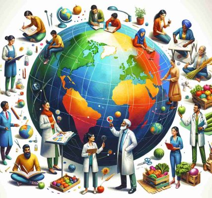 A high-definition depiction of the concept 'Inclusivity over Exclusivity: Fostering Equality Around the World'. Illustrate a colorful globe at the heart of the image. Scatter around it a diverse group of people in throughout the scene. Let's depict a South Asian woman scientist looking at the globe, a Middle-Eastern male architect drawing plans, an African male farmer holding fresh produce, a Caucasian female teacher reading a book, and a Hispanic male doctor holding a stethoscope. Each person should be doing their job proudly, radiating positivity and unity, showcasing the concept of inclusive diversity.