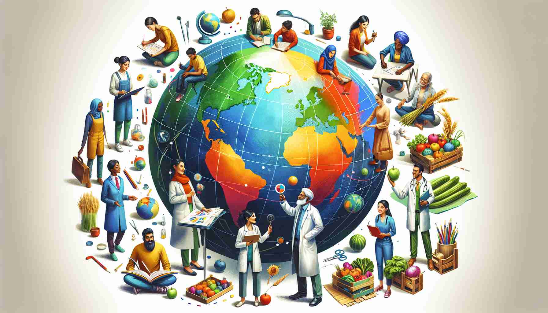 A high-definition depiction of the concept 'Inclusivity over Exclusivity: Fostering Equality Around the World'. Illustrate a colorful globe at the heart of the image. Scatter around it a diverse group of people in throughout the scene. Let's depict a South Asian woman scientist looking at the globe, a Middle-Eastern male architect drawing plans, an African male farmer holding fresh produce, a Caucasian female teacher reading a book, and a Hispanic male doctor holding a stethoscope. Each person should be doing their job proudly, radiating positivity and unity, showcasing the concept of inclusive diversity.