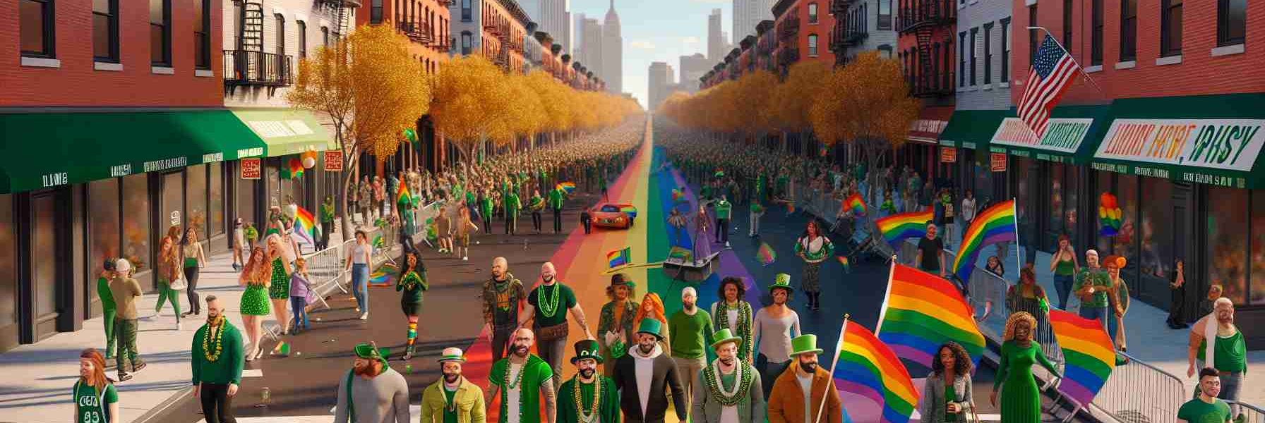 High-resolution, photorealistic image of a St. Patrick’s Day Parade showing LGBTQ inclusion. The scene features a colorful sidewalk in Staten Island bustling with people celebrating. Among the crowd, individuals with rainbow flags and accessories are prominently featured, symbolizing their LGBTQ identities. Some are wearing traditional Irish green attire while others are in everyday clothes. Buildings and a clear blue sky form the backdrop. The overall atmosphere is festive and inclusive.