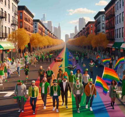 High-resolution, photorealistic image of a St. Patrick’s Day Parade showing LGBTQ inclusion. The scene features a colorful sidewalk in Staten Island bustling with people celebrating. Among the crowd, individuals with rainbow flags and accessories are prominently featured, symbolizing their LGBTQ identities. Some are wearing traditional Irish green attire while others are in everyday clothes. Buildings and a clear blue sky form the backdrop. The overall atmosphere is festive and inclusive.