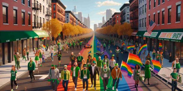 High-resolution, photorealistic image of a St. Patrick’s Day Parade showing LGBTQ inclusion. The scene features a colorful sidewalk in Staten Island bustling with people celebrating. Among the crowd, individuals with rainbow flags and accessories are prominently featured, symbolizing their LGBTQ identities. Some are wearing traditional Irish green attire while others are in everyday clothes. Buildings and a clear blue sky form the backdrop. The overall atmosphere is festive and inclusive.