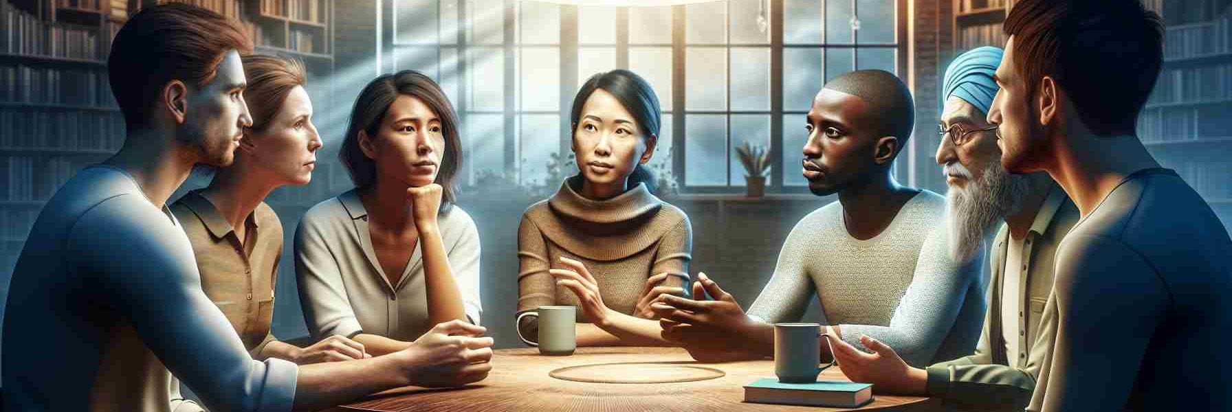 Realistic high-definition image representing the concept of reaffirming unity through understanding. The scene could include diverse individuals (Caucasian woman, Black man, Asian man, Middle-Eastern woman) engaged in deep discussion around a circular table, possibly under a shared light source like a hanging lamp. Their faces could be reflecting expressions of empathy and comprehension, while their body stances showcase openness and acceptance. Subtle details like hand gestures indicating active participation, and a background with books or works of art, suggesting an intellectual environment, can enhance the overall mood.