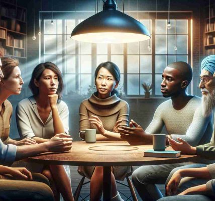 Realistic high-definition image representing the concept of reaffirming unity through understanding. The scene could include diverse individuals (Caucasian woman, Black man, Asian man, Middle-Eastern woman) engaged in deep discussion around a circular table, possibly under a shared light source like a hanging lamp. Their faces could be reflecting expressions of empathy and comprehension, while their body stances showcase openness and acceptance. Subtle details like hand gestures indicating active participation, and a background with books or works of art, suggesting an intellectual environment, can enhance the overall mood.