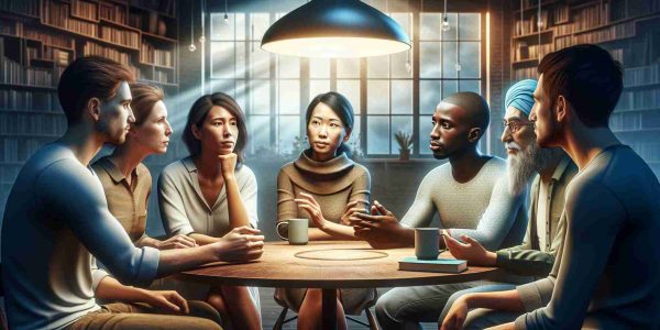 Realistic high-definition image representing the concept of reaffirming unity through understanding. The scene could include diverse individuals (Caucasian woman, Black man, Asian man, Middle-Eastern woman) engaged in deep discussion around a circular table, possibly under a shared light source like a hanging lamp. Their faces could be reflecting expressions of empathy and comprehension, while their body stances showcase openness and acceptance. Subtle details like hand gestures indicating active participation, and a background with books or works of art, suggesting an intellectual environment, can enhance the overall mood.