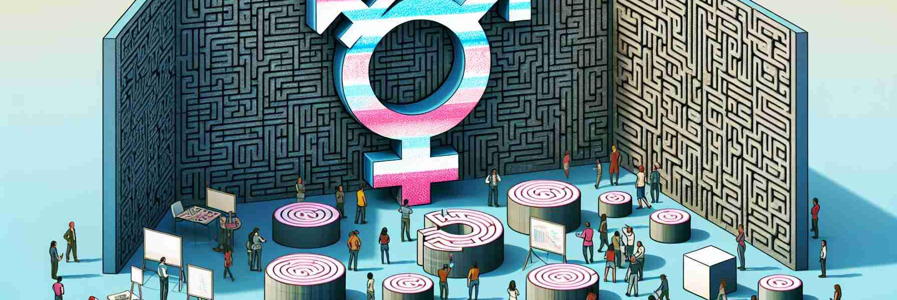 A conceptual illustration showcasing an abstract representation of challenges faced in addressing transgender politics. The scene should exhibit a large wall filled with symbolic obstacles and challenges such as hurdles or mazes in various sizes and forms, with a multi-colored engraved symbol of transgender on it. A group of people in varied ethnicities and gender are shown brainstorming, discussing and navigating ways to overcome these challenges. This image portrays the complexity and intricacies involved in policy making and the ongoing conversation about transgender rights.