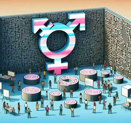 A conceptual illustration showcasing an abstract representation of challenges faced in addressing transgender politics. The scene should exhibit a large wall filled with symbolic obstacles and challenges such as hurdles or mazes in various sizes and forms, with a multi-colored engraved symbol of transgender on it. A group of people in varied ethnicities and gender are shown brainstorming, discussing and navigating ways to overcome these challenges. This image portrays the complexity and intricacies involved in policy making and the ongoing conversation about transgender rights.