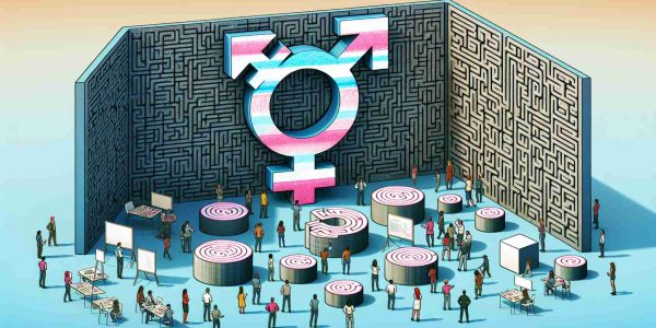 A conceptual illustration showcasing an abstract representation of challenges faced in addressing transgender politics. The scene should exhibit a large wall filled with symbolic obstacles and challenges such as hurdles or mazes in various sizes and forms, with a multi-colored engraved symbol of transgender on it. A group of people in varied ethnicities and gender are shown brainstorming, discussing and navigating ways to overcome these challenges. This image portrays the complexity and intricacies involved in policy making and the ongoing conversation about transgender rights.