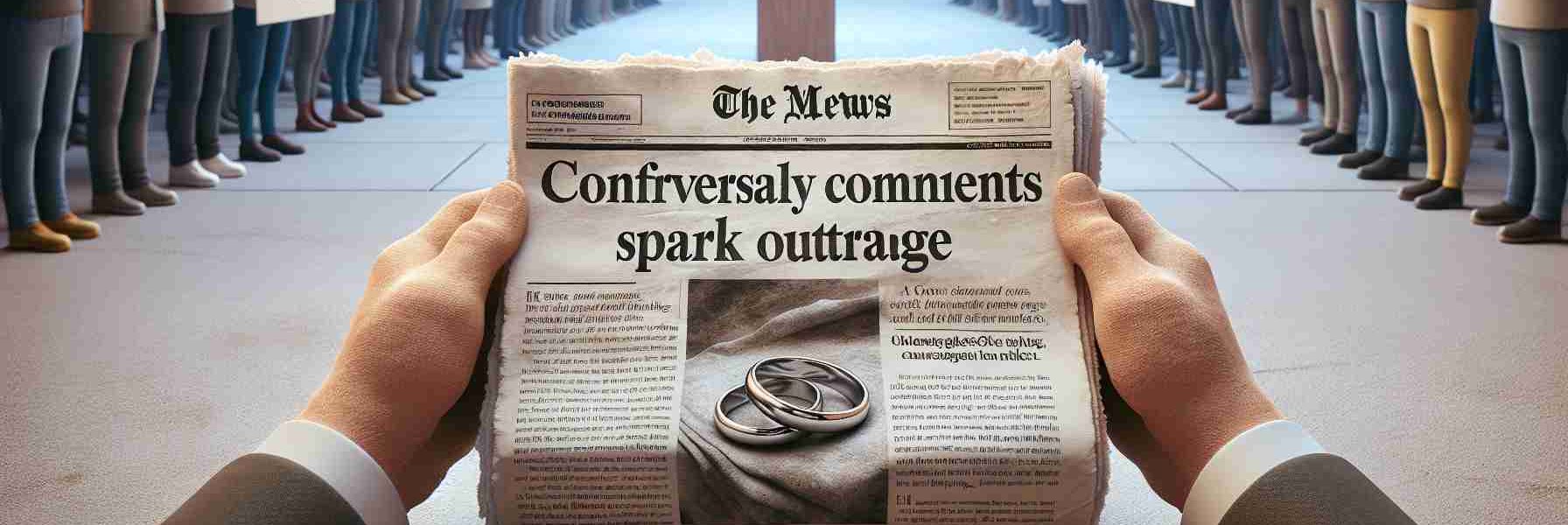 High-definition realistic depiction of a symbolic scene reflecting the controversial comments on marriage sparking outrage in Michigan. The picture shows a torn newspaper with a big headline saying 'Controversial Comments on Marriage Spark Outrage'. Surrounding the newspaper are symbols associated with marriage like an intertwined rings and a white dove. The background reflects a diverse group of silent protesters, holding signs with strong yet respectful messages.