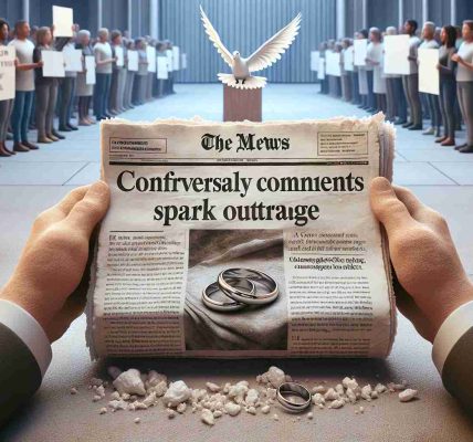 High-definition realistic depiction of a symbolic scene reflecting the controversial comments on marriage sparking outrage in Michigan. The picture shows a torn newspaper with a big headline saying 'Controversial Comments on Marriage Spark Outrage'. Surrounding the newspaper are symbols associated with marriage like an intertwined rings and a white dove. The background reflects a diverse group of silent protesters, holding signs with strong yet respectful messages.