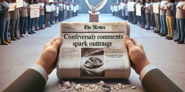 High-definition realistic depiction of a symbolic scene reflecting the controversial comments on marriage sparking outrage in Michigan. The picture shows a torn newspaper with a big headline saying 'Controversial Comments on Marriage Spark Outrage'. Surrounding the newspaper are symbols associated with marriage like an intertwined rings and a white dove. The background reflects a diverse group of silent protesters, holding signs with strong yet respectful messages.