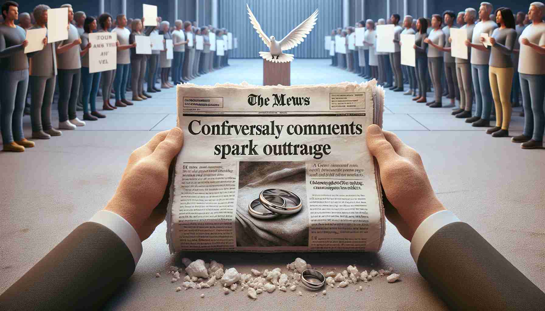 High-definition realistic depiction of a symbolic scene reflecting the controversial comments on marriage sparking outrage in Michigan. The picture shows a torn newspaper with a big headline saying 'Controversial Comments on Marriage Spark Outrage'. Surrounding the newspaper are symbols associated with marriage like an intertwined rings and a white dove. The background reflects a diverse group of silent protesters, holding signs with strong yet respectful messages.