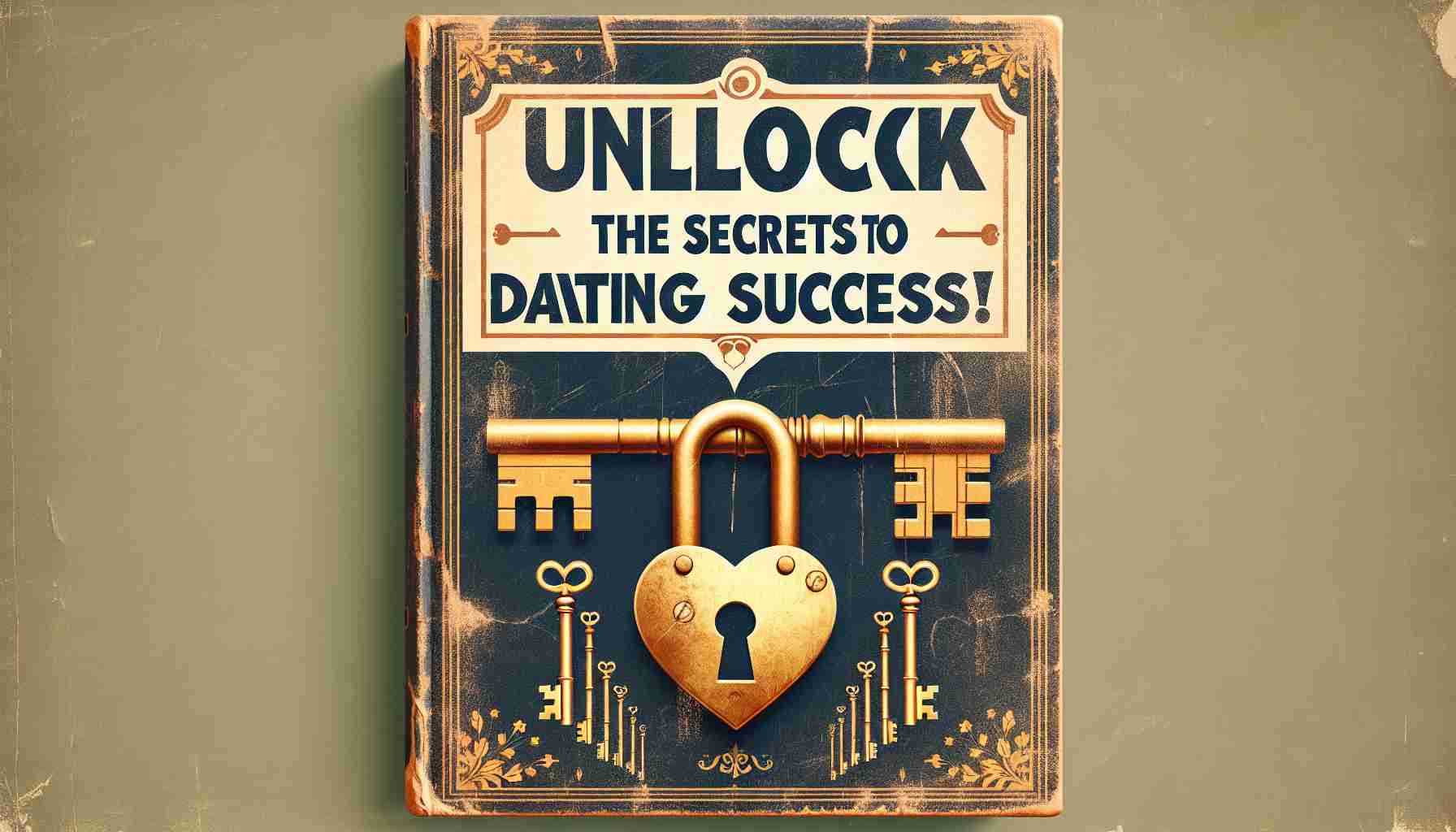 Generate a realistic HD image of the cover for a hypothetical self-help book titled 'Unlock the Secrets to Dating Success!'. The cover should feature the prominent title at the center, worn out golden keys on the side, and a heart shaped lock at the center below the title. The background design can be an elegant pattern or texture that fits the theme.