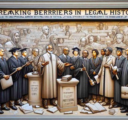 Visualize the concept of breaking barriers in legal history. Picture a metaphorical wall with inscriptions of various historical legal milestones. Encapsulate the progression of justice. Include the figures of a male South Asian judge with his gavel, and a female black lawyer holding a briefcase. Ensure that the depiction is high-definition and realistic.