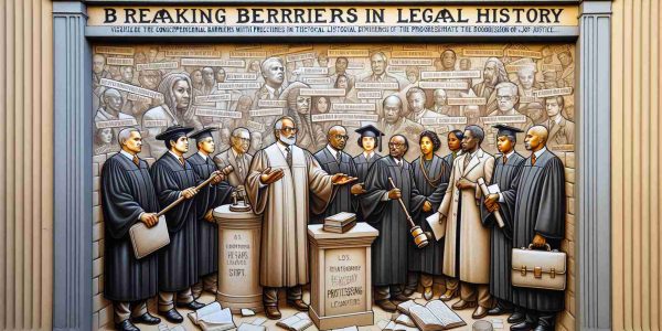 Visualize the concept of breaking barriers in legal history. Picture a metaphorical wall with inscriptions of various historical legal milestones. Encapsulate the progression of justice. Include the figures of a male South Asian judge with his gavel, and a female black lawyer holding a briefcase. Ensure that the depiction is high-definition and realistic.