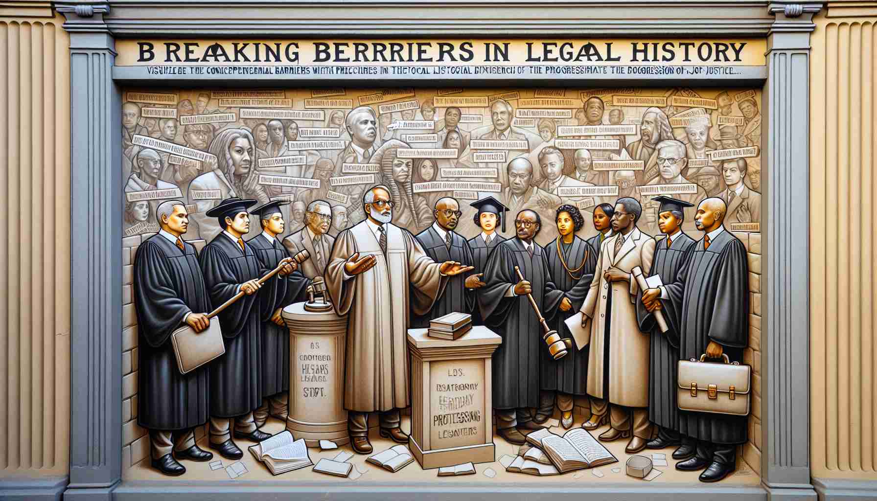 Visualize the concept of breaking barriers in legal history. Picture a metaphorical wall with inscriptions of various historical legal milestones. Encapsulate the progression of justice. Include the figures of a male South Asian judge with his gavel, and a female black lawyer holding a briefcase. Ensure that the depiction is high-definition and realistic.