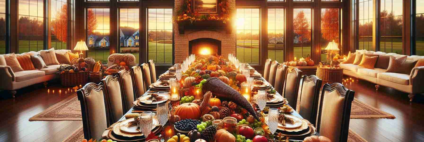 Generous feast spread out on a beautifully decorated long table. The table setting being full of warm, autumnal hues and a cornucopia filled with fresh fruits and vegetables symbolizing harvest. On one side of the image, an ornate fireplace adds a sense of warmth. On the opposite side, a large bay window revealing a soothing sunset view with a placid suburban neighborhood outside, signifying home and tranquility. The image captures the essence of Thanksgiving spirit, reflections of home, gratitude, and prosperity.