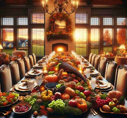 Generous feast spread out on a beautifully decorated long table. The table setting being full of warm, autumnal hues and a cornucopia filled with fresh fruits and vegetables symbolizing harvest. On one side of the image, an ornate fireplace adds a sense of warmth. On the opposite side, a large bay window revealing a soothing sunset view with a placid suburban neighborhood outside, signifying home and tranquility. The image captures the essence of Thanksgiving spirit, reflections of home, gratitude, and prosperity.