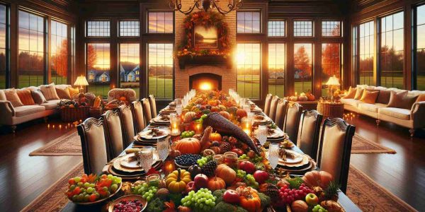 Generous feast spread out on a beautifully decorated long table. The table setting being full of warm, autumnal hues and a cornucopia filled with fresh fruits and vegetables symbolizing harvest. On one side of the image, an ornate fireplace adds a sense of warmth. On the opposite side, a large bay window revealing a soothing sunset view with a placid suburban neighborhood outside, signifying home and tranquility. The image captures the essence of Thanksgiving spirit, reflections of home, gratitude, and prosperity.